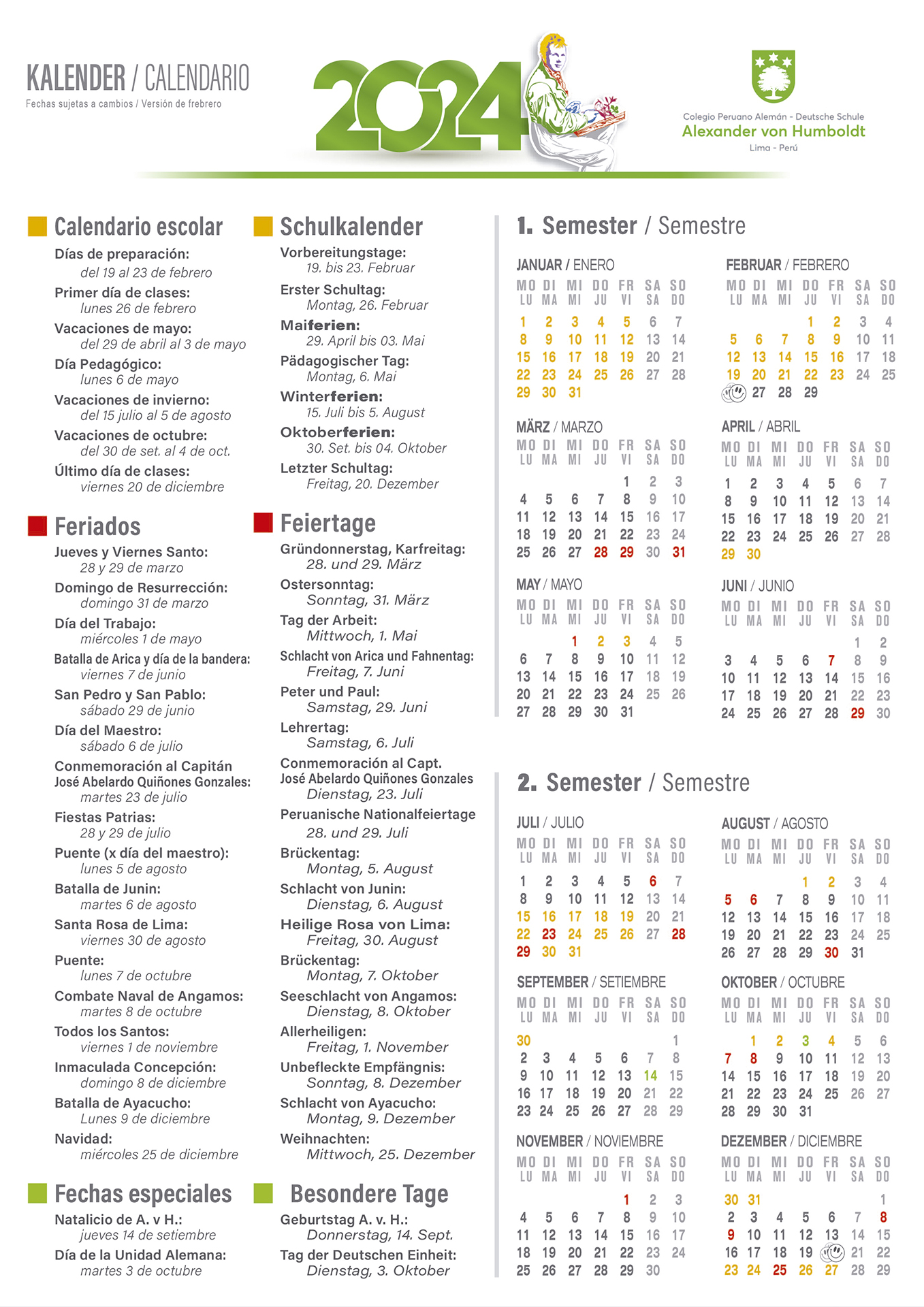 Calendario escolar 2024 Colegio Alexander von Humboldt