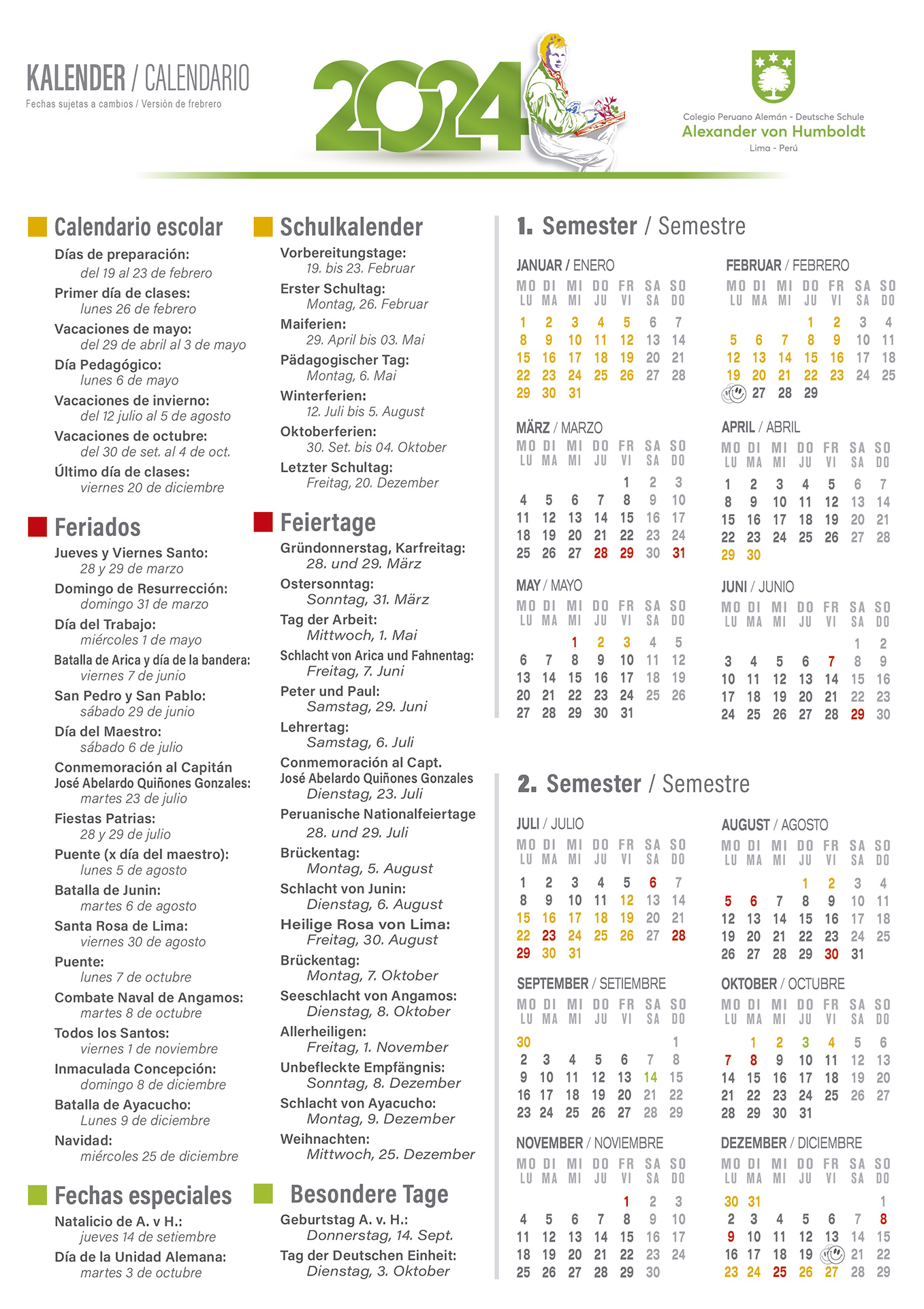 Calendario escolar 2024 Colegio Alexander von Humboldt