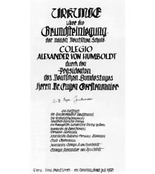 Documento de la colocación de la primera piedra del nuevo Colegio Alemán Alexander von Humboldt